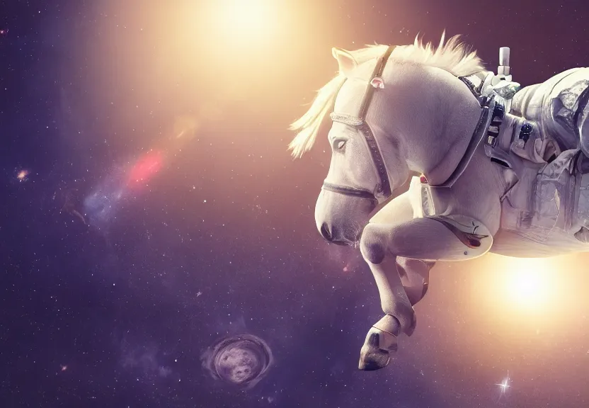 Image similar to horse wearing a space suit floating in outer space, highly detailed, stars in the background, nasa picture, 4 k, octane render, highly realistic photograph