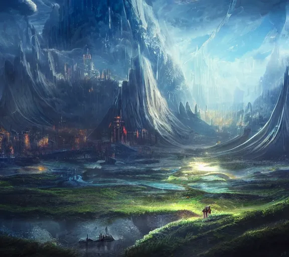 Prompt: vast beautiful epic realistic fantasy landscape with futuristic cities and iridescent crystals