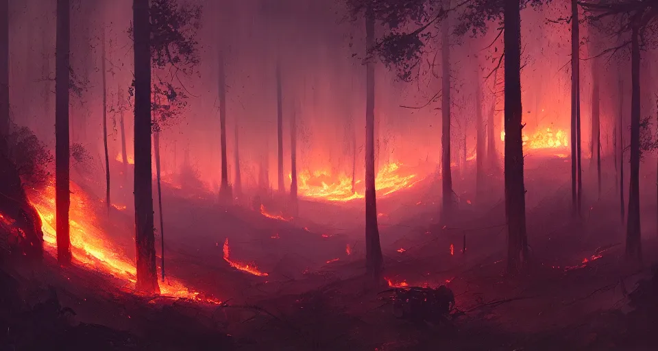Image similar to landscape, intense forest fire, super intense, dramatic lighting, cinematic, by WLOP, eddie mendoza, simon stålenhag, raphael lacoste, extremely high detail, photo realistic, cinematic lighting, post processed, concept art, trending on artstation, matte painting