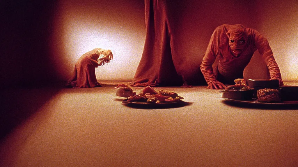 Image similar to the face with the plate of food under my bed, film still from the movie directed by denis villeneuve and david cronenberg with art direction by salvador dali and zdzisław beksinski, wide lens