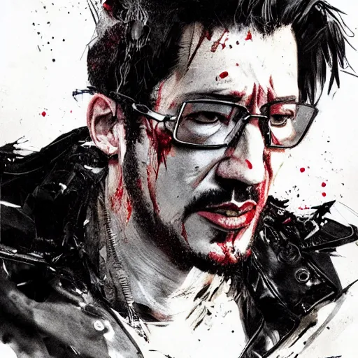 Prompt: portrait of markiplier with an angry expression, blood covering his face, wearing a leather jacket, dramatic lighting, illustration by Greg rutkowski, yoji shinkawa, 4k, digital art, concept art, trending on artstation