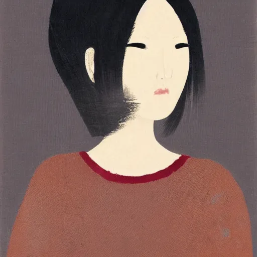 Prompt: A portrait of a woman with japanese cut hair, by Dice Tsutsumi,