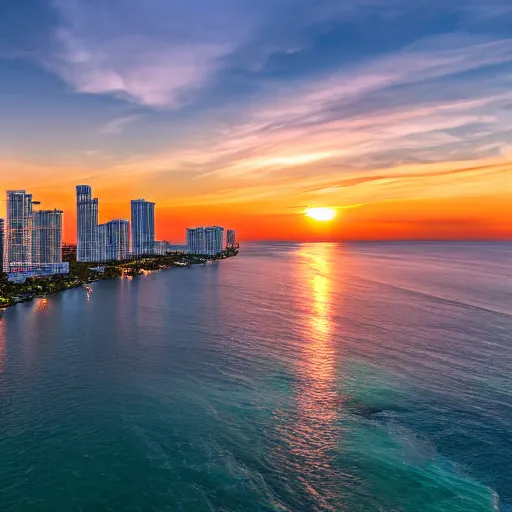 Image similar to miami beach at sunset, 4 k, high detail, high - resolution photograph, professional photography, ultra - detail