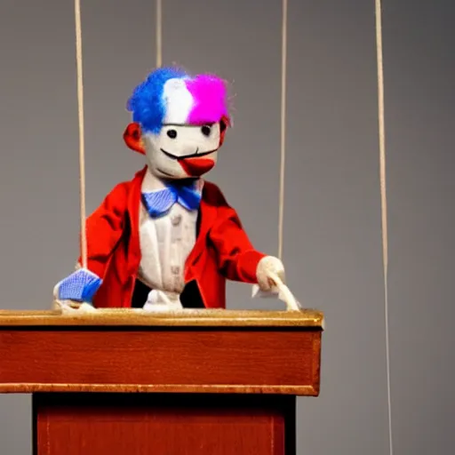 Image similar to puppet show of a string marionette of a president with clown makeup in a podium