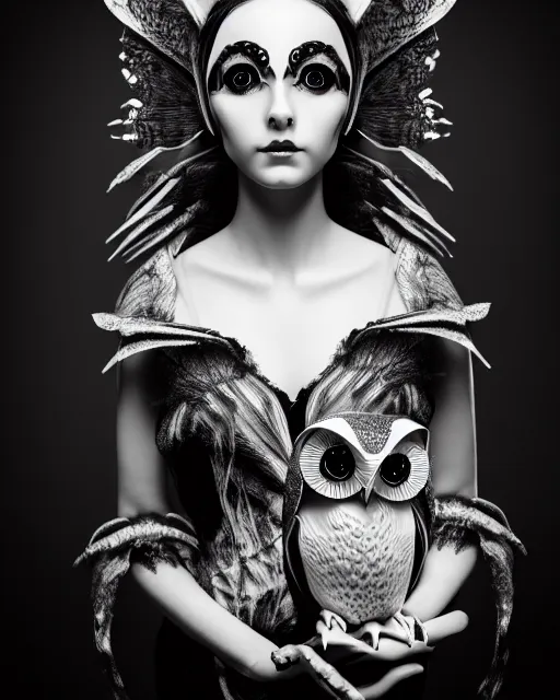 Image similar to surreal mythical dreamy dark artistic black and white fine art 3 / 4 fashion portrait photo of a young beautiful delicate female robot - owl with orchid - doll face, rim light, cinematic, studio dramatic light, poetic, masterpiece, octane render, 8 k, photo - realistic by gustave dore hg giger