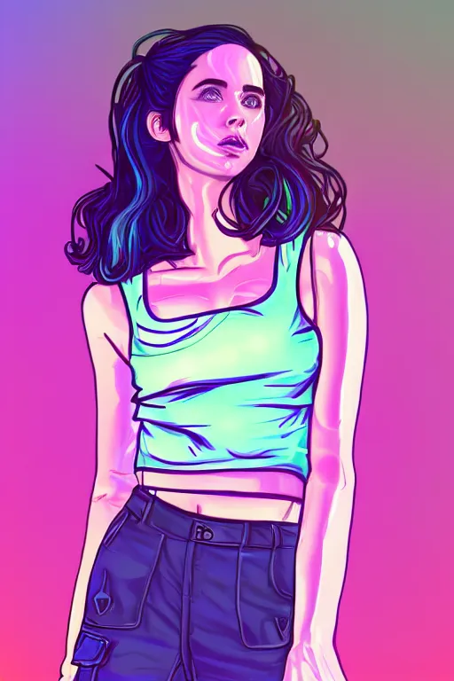 Image similar to a award winning half body portrait of a beautiful kristen ritter in a croptop and cargo pants with ombre purple pink teal hairstyle and hands in pockets by ari liloan, surrounded by whirling illuminated lines, outrun, vaporware, shaded flat illustration, digital art, trending on artstation, highly detailed, fine detail, intricate