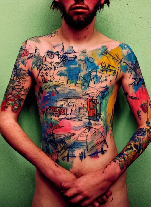 Prompt: detailed color analog medium format photo made by harmony korine, polaroid photo of person with tatoos in american suburbs, high production value, intricate details, 8 k resolution, hyperrealistic, hdr, photorealistic, high definition, tehnicolor, award - winning photography, masterpiece, amazing colors,