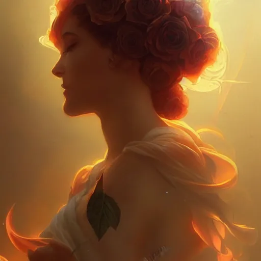 Prompt: a Rose on fire, fog, volumetric lighting, intricate, elegant, highly detailed, digital painting, artstation, concept art, smooth, sharp focus, illustration, art by artgerm and greg rutkowski and alphonse mucha