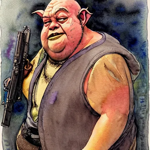 Image similar to a realistic and atmospheric watercolour fantasy character concept art portrait of a fat sleazy homeless chibi yoda wearing a wife beater and holding a handgun, by rebecca guay, michael kaluta, charles vess and jean moebius giraud