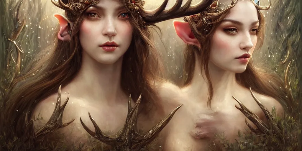 Image similar to a portrait of a group of female elf sorceress with antlers bathing in a lake by karol bak and jia ruan, beautiful detailed eyes, cute, fantasy, intricate, elegant, highly detailed, digital painting, 4 k, hdr, concept art, detailed jewelry, smooth, sharp focus, illustration, art by artgerm