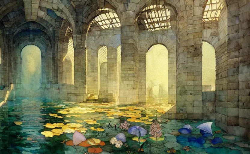 Image similar to tiled room squared waterway, aqueducts, fantasy. intricate, amazing composition, colorful watercolor, by ruan jia, by maxfield parrish, by marc simonetti, by hikari shimoda, by robert hubert, by zhang kechun, illustration, gloomy