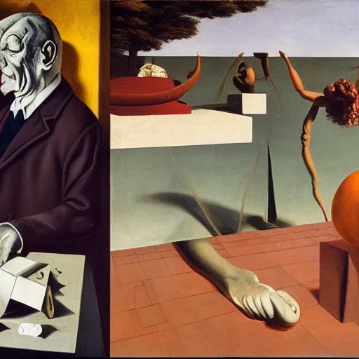 Image similar to problem of evil, godless, symbolic, freudian, by dali, by de chirico, by magritte, by paula rego, by neo rauch