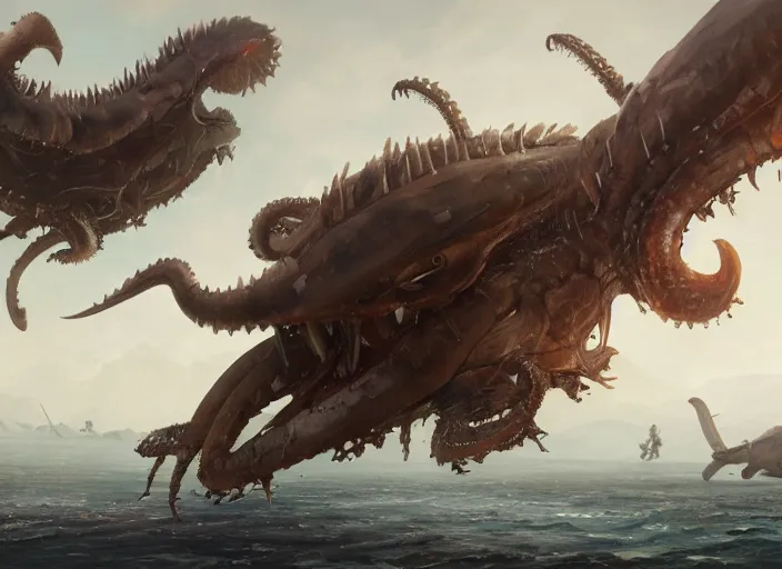 Prompt: close up cinematic artwork of monster squids flying staring on the battlefield by Greg Rutkowski, 4k, masterpiece