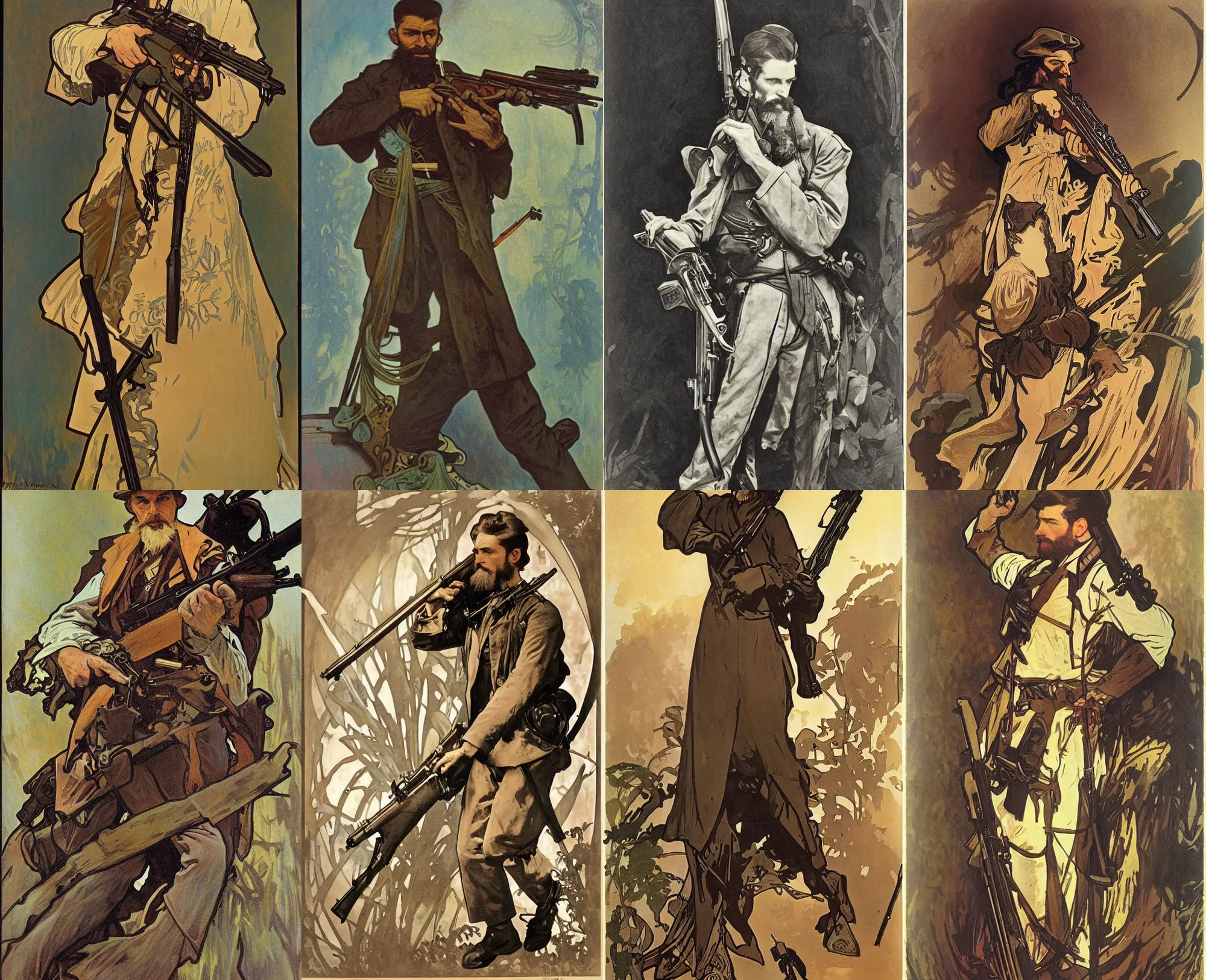 Prompt: portrait of John Brown wielding a rifle, by Alphonse Mucha and Amano