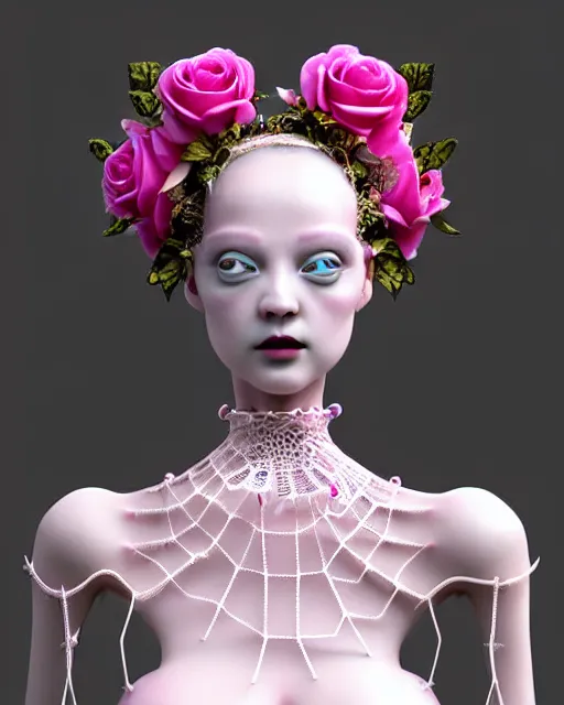 Image similar to dreamy surreal poetic pinky 3D render of a beautiful young porcelain female-creature-cyborg-vegetal with a very long neck and a super big gothic web lace collar filled with small dead flies and a very high big floral crown with many black dry roses:: smoke, high fashion, haute couture, rococo, avant-garde, elegant, dreamy, hyper realistic, 150 mm lens, soft rim light, octane render, unreal engine, volumetric lighting, dramatic light,8k,