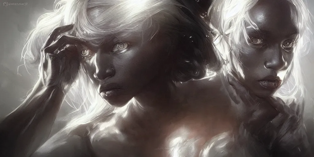 Image similar to drow black skin, many hands, gnarled fingers, intense black eyes, intense white hair, intense lighting, light beams, lens flare, intricate, elegant, highly detailed, digital painting, artstation, concept art, smooth, sharp focus, illustration, art by artgerm and greg rutkowski and alphonse mucha