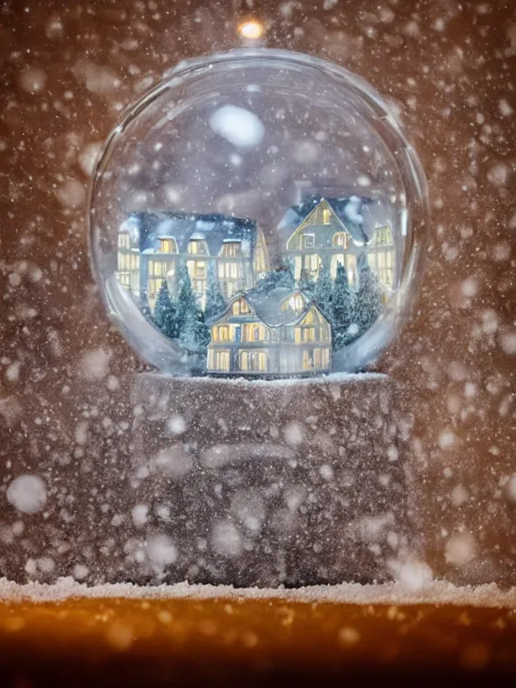 Image similar to snow globe with tiny soviet residential building inside snow globe, lights are on in the windows, cozy atmosphere, fog, cold winter, snowing, streetlamps with orange volumetric light, birches