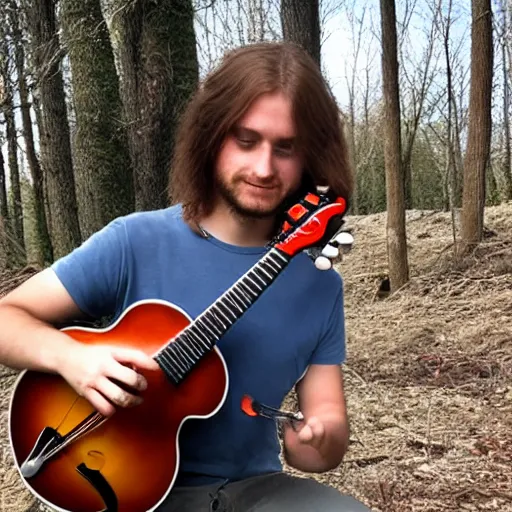 Image similar to a photo of a young man with long hair playing mandolin in the wilderness