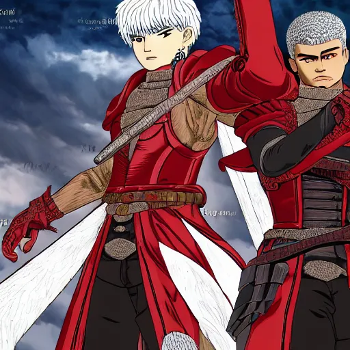 Prompt: Dante and Virgil but with guts and griffith from berserk, high quality, 4k