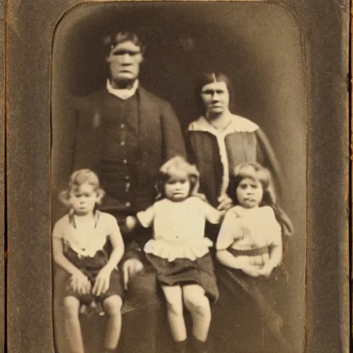 Image similar to a tintype photo of bigfoot and his family