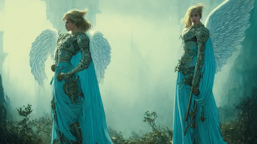 Image similar to angel, big wings, low key light, full plate armor with cloth, f 1 6, bokeh, medium portrait, gentle, female, ornate city ruins, landscape, d & d, fantasy, intricate, elegant, highly detailed, teal white gold color palette, roger deakins, sharp focus, concept art, greg rutkowski and alphonse mucha