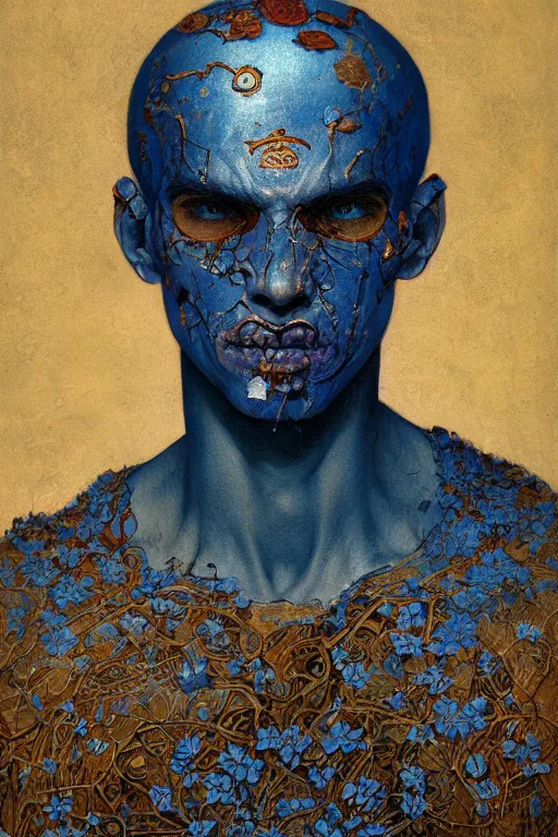 Image similar to portrait of beautiful young man, warhammer, japanic style, cyberpunk, a lot of scars, more and more flowers, blue head, the middle ages, highly detailed, artstation, illustration, art by jean delville, 8 k quality