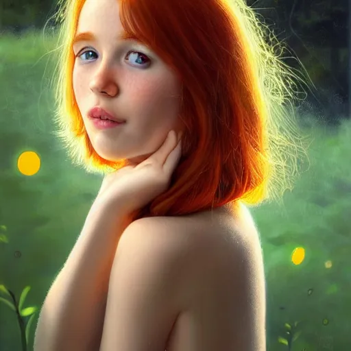 Image similar to a highly detailed, hyper realistic, red haired girl, with long hair, green eyes, hint of freckles, gentle face, cheeky smile, among golden fireflies, deep focus, elegant, digital painting, smooth, sharp focus, golden ratio, illustration, ultra realistic, 8 k, art by artgerm and caravaggio