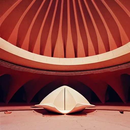 Image similar to interior of a futuristic lotus temple with gold, red and white marble panels, in the desert, by buckminster fuller and syd mead, intricate contemporary architecture, photo journalism, photography, cinematic, national geographic photoshoot