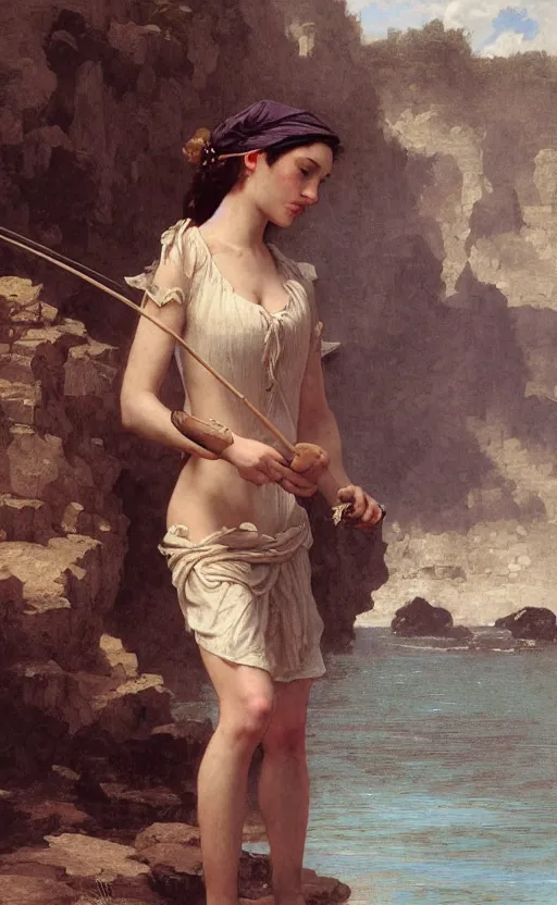 Image similar to fisherwoman emma dumont, traditional corsican, intricate, highly detailed, artstation, illustration, jurgens, rutkowski, bouguereau, lipking, ferri