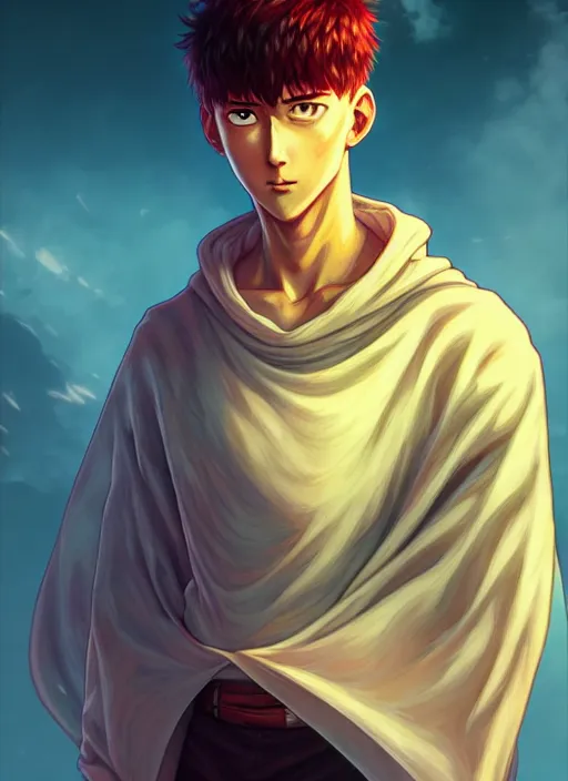 Image similar to handsome saitama, half body shot, path traced, epic cape, highly detailed, high quality, digital painting, alena aenami, lilia alvarado, shinji aramaki, karol bak, alphonse mucha, tom bagshaw