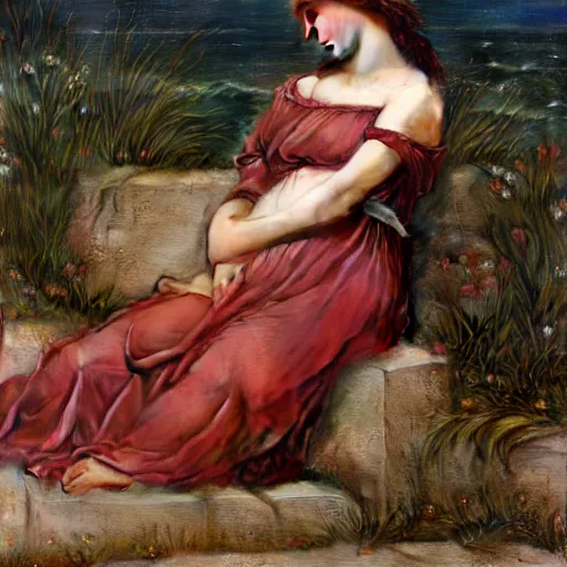 Image similar to wind kissed pictures, ashes, lament,, photorealism, hyper - realism, 4 k, high resolution, hyper detailed, by waterhouse, by godward,