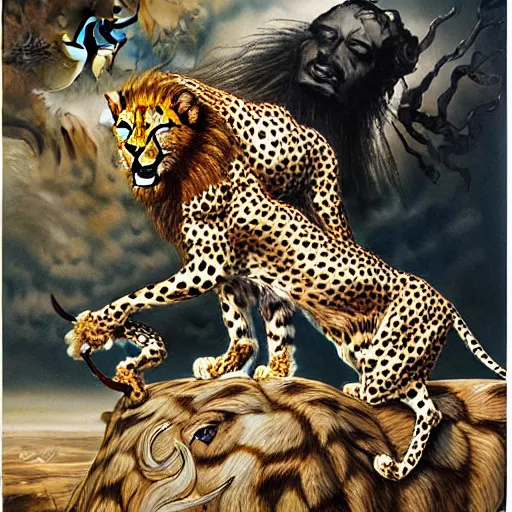 Prompt: cheetah and lion celebrates birthday , concept art, huge scale, high detail, intricate by Dali and James Jean