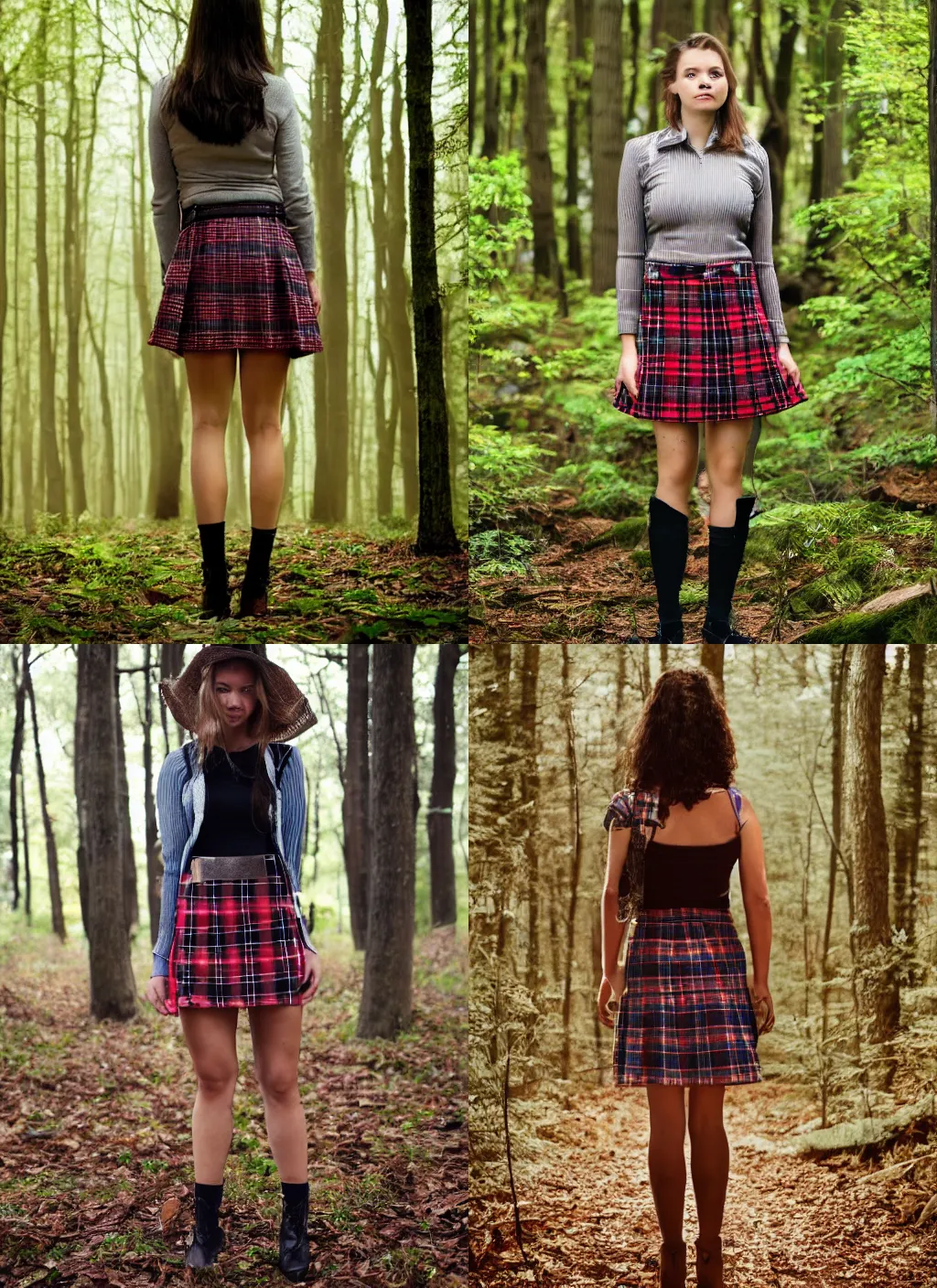 Prompt: woman in plaid miniskirt standing in a dark forest