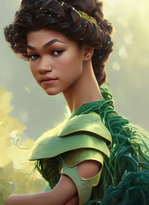 Prompt: beautiful young zendaya as tiana princess, closeup, d & d, fantasy, intricate, elegant, highly detailed, digital painting, artstation, concept art, matte, sharp focus, illustration, art by artgerm and greg rutkowski and alphonse mucha