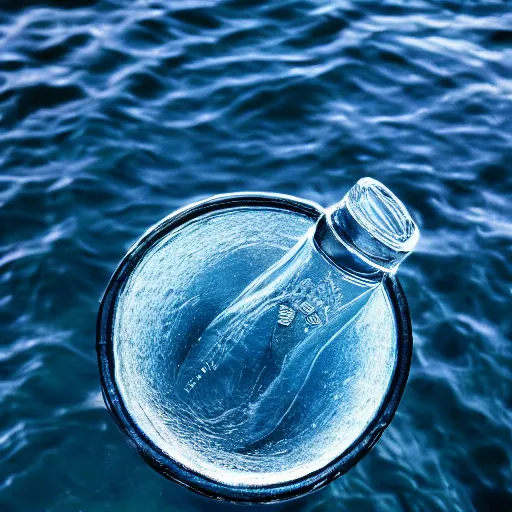 Prompt: bottle of mineral water balancing on its edge on the water surface in the center of the frame, a blue sky with clouds from above, minimalistic and beautiful, award winning, Artstation, intricate details, realistic, Hyperdetailed, 8k resolution
