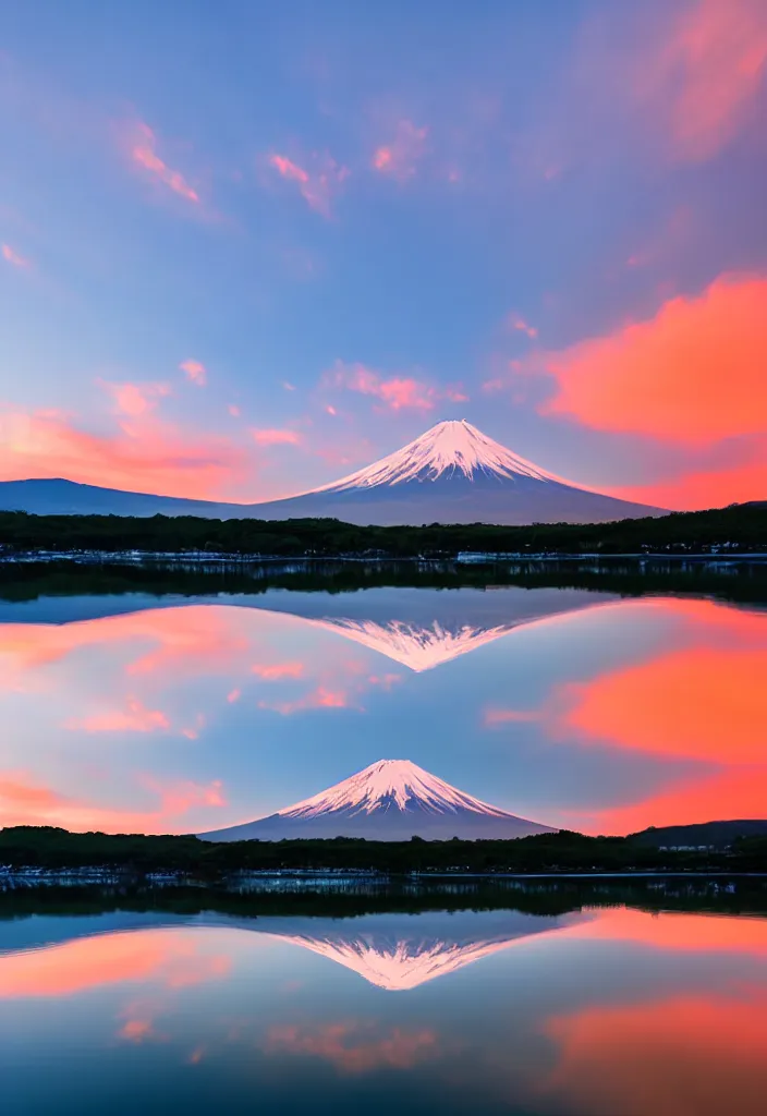 Prompt: clouds curling around mount fuji reflected on the lake surface at sunset, national geographic award - winning landscape photography