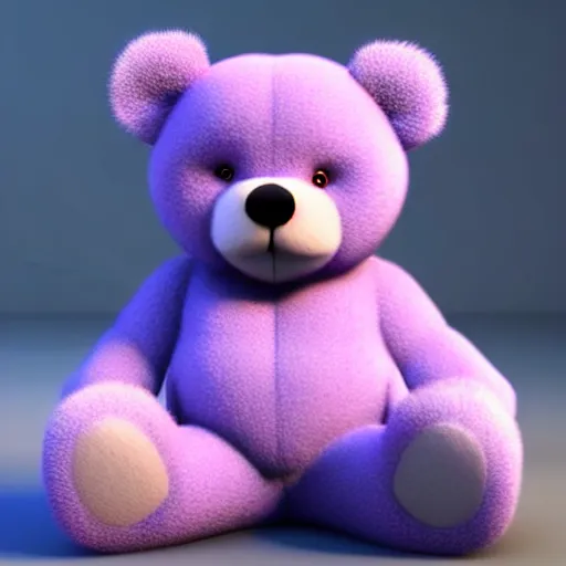 Image similar to high quality 3 d render very cute fluffy purple teddy bear, highly detailed, extremely cute adorable fluffy, unreal engine cinematic smooth, uhd 8 k, sharp focus