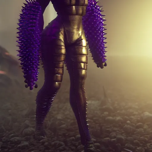 Image similar to cute girl, rubber spikes on the body, rubber skin spikes, spikes are from rubber, purple skin, skinny, gold armor, battleground background, battlefield, concept art, artstation, award winning, high detailed, 4k, 8k, hd textures, octane render, intricate details, volumetric lighting, realistic, hyperdetailed