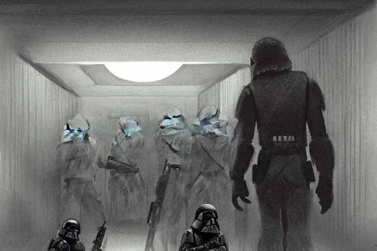 Prompt: ralph mcquarrie concept art, scene : int. death star - detention corridor, luke and leia crouch together in an alcove for protection as they continue to exchange fire with troops. han and chewbacca are barely able to keep the stormtroopers at bay at the far and of the hallway. the laserfire is very intense, and smoke fills the narrow cell corridor.