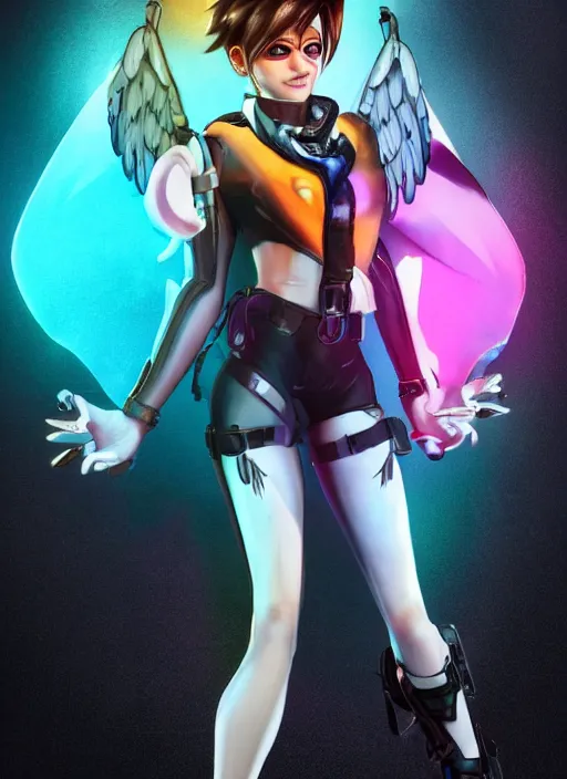 Image similar to fullbody digital artwork of tracer overwatch, wearing black iridescent rainbow latex tank top, 4 k, expressive happy smug expression, makeup, in style of mark arian, angel wings, wearing detailed black leather collar, chains, black leather harness, detailed face and eyes,