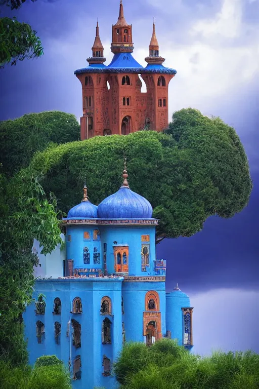 Image similar to view of the mysterious blue tower in its gardens after a storm, tall windows, beautiful moorish ornament, dramatic cinematic lighting, rich colors, by April Gornik and Nicholas Roerich and Sylvain Sarrailh and Ludwig Deutsch