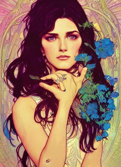 Image similar to Pretty woman, 1967 psychedelic portrait art by artgerm and greg rutkowski and alphonse mucha