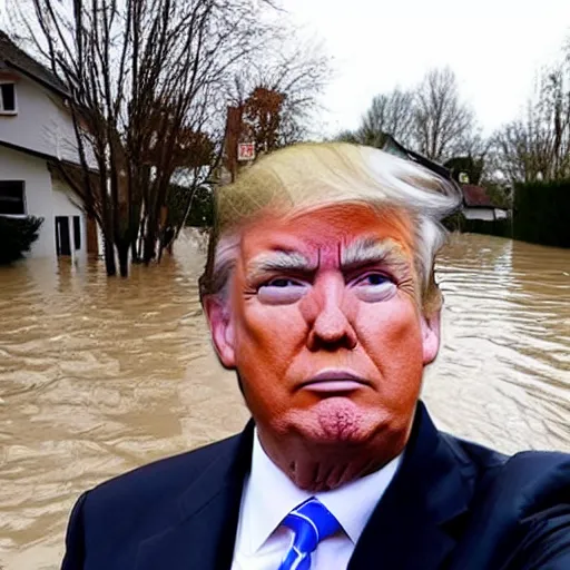 Image similar to a selfie of Donald Trump in front of a flooded german town