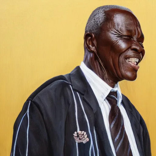 Prompt: a painting of a XXL Loving, caring, generous, ever-present, humble, wise elder from Kenya in a suit by Kehinde Wiley . Fatherly/daddy, focused, loving, leader, relaxed,. ethereal lights, details, smooth, sharp focus, illustration, realistic, cinematic, artstation, award winning, rgb , unreal engine, octane render, cinematic light, macro, depth of field, blur, red light and clouds from the back, highly detailed epic cinematic concept art CG render made in Maya, Blender and Photoshop, octane render, excellent composition, dynamic dramatic cinematic lighting, aesthetic, very inspirational, arthouse.