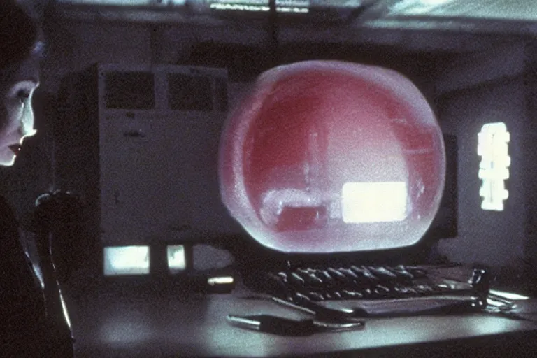 Image similar to alien using a computer to check her email submerged in translucent goo, over the shoulder perspective, in 1 9 8 5, y 2 k cybercore, industrial photography, still from a kiyoshi kurosawa movie