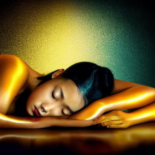 Prompt: two asian girls sleeping, liquid golden and black fluid, magic hour, dramatic light, liquid painting, golden bodypaint, yellow and blue lightning, world best photography, indian patterns, bokeh, golden jewelry filigree, body detaily, ornaments, fresco by michaelangelo, golden rays, god rays, epic cinematic wallpaper, cold color palette, cold colors, sad mood