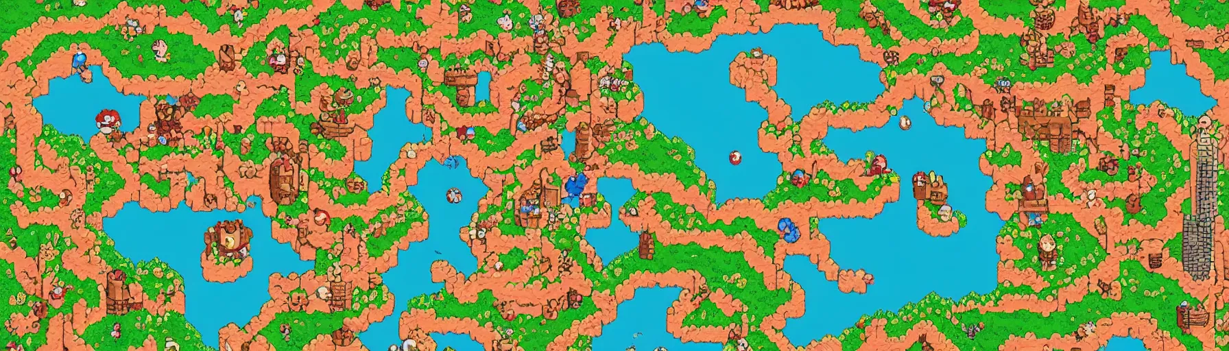 Image similar to vertical panorama of the super mario world map in the style of studio ghibli