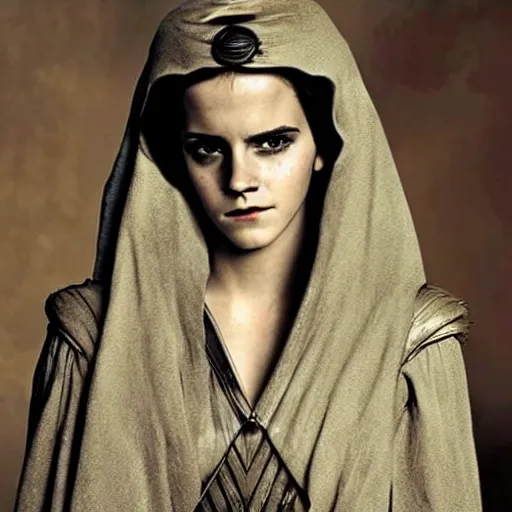 Image similar to Emma Watson as a bene-gesserit, ominous, brooding, dark