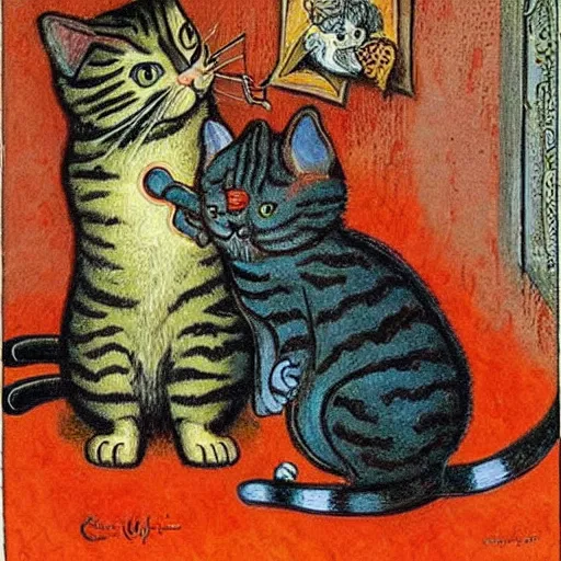 Prompt: a cat mind - controlling a mouse, louis wain, fantasy art