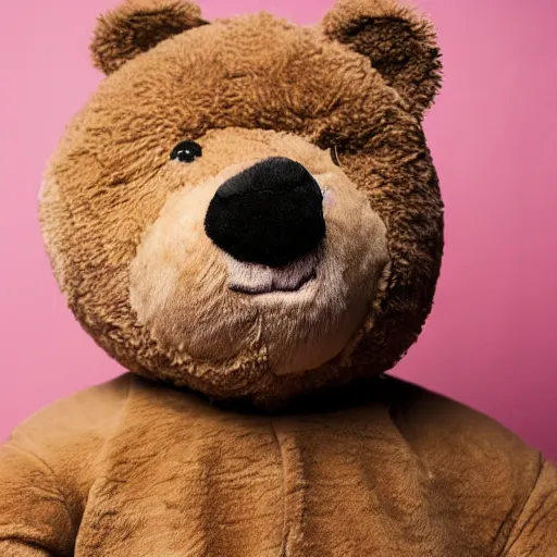 Prompt: the face of kanye west wearing teddy bear costume at 4 2 years old, portrait by julia cameron, chiaroscuro lighting, shallow depth of field, 8 0 mm, f 1. 8